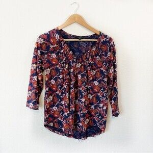 Lucky Brand Navy Red Floral Flowers Three Quarter Sleeve V-neck Blouse Top Small